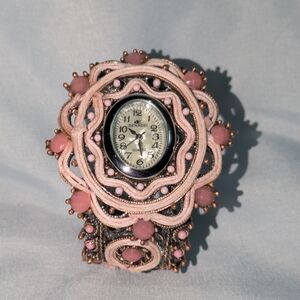 Denacci Vintage Pink Beaded Statement Boho Watch Bracelet